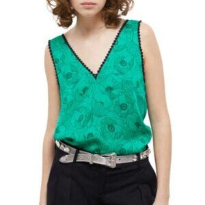 NWT | The Kooples | Green Poppy Floral Print | Tank Top | Black Lace Details
